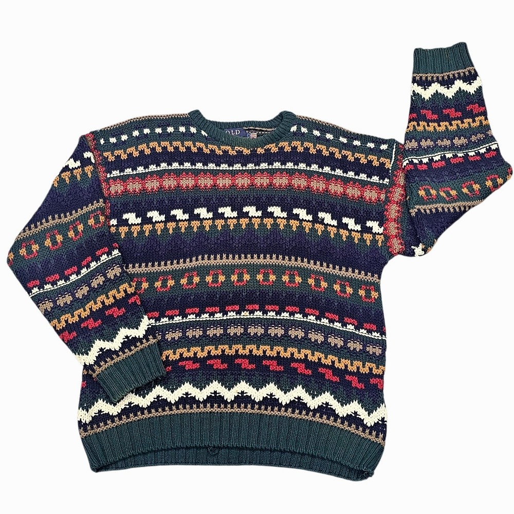 Vintage Old Glory Pullover Cotton Knit Sweater Fair Isle Pattern Mens Large